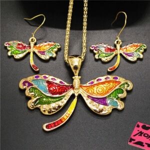 New Betsey Johnson Dragonfly Pendant & Earring Necklace Set, Unused